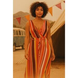 Forever21 Retro Striped Double V neck Candy-cane Stripe Maxi Dress Size 2X NEW